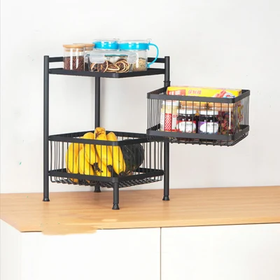  2-tier 360 Suelo girar cesta de frutas y verduras Cocina Rack de almacenamiento para la cocina comedor con ruedas de las tapas superior