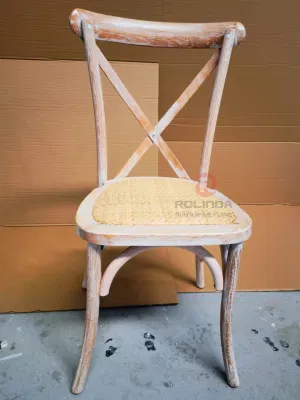  Roble sólido rústico apilable Madera Lye lavado Antique Color Cruz Back X Chair evento de boda Sillas de banquete