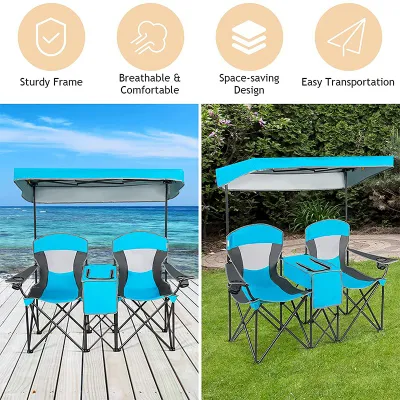 Silla de camping doble con dosel de sombra 2 personas plegable Camp y playa Silla con mini mesa bebida Soporte de copa bolsa de transporte