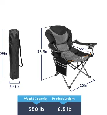 Negro plegable ligero Camping, picnic, y silla de pesca con reposabrazos y bolsa de almacenamiento