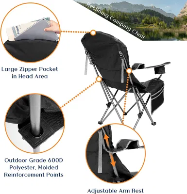 Negro plegable ligero Camping, picnic, y silla de pesca con reposabrazos y bolsa de almacenamiento