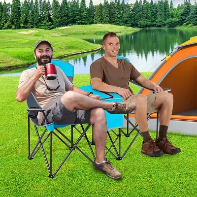 Silla de camping doble con dosel de sombra 2 personas plegable Camp y playa Silla con mini mesa bebida Soporte de copa bolsa de transporte