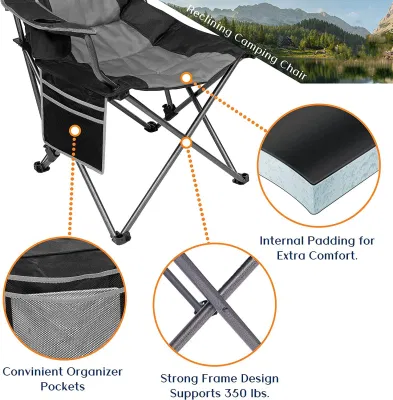 Negro plegable ligero Camping, picnic, y silla de pesca con reposabrazos y bolsa de almacenamiento