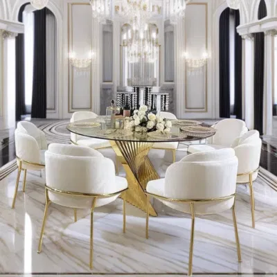  Mobiliario de comedor de estilo europeo moderno White Gold Frame Chairs Comedor de acero inoxidable con acento de buocle
