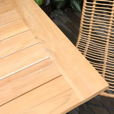 Nuevo Rattan +madera de teca, mesa de jardín OEM bancos juego de comedor