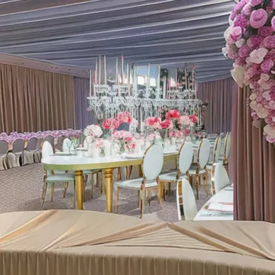 Hotel Boda evento Mobiliario de banquete Boda forma S MDF Madera Arriba Conjuntos de Mesa comedor silla de Mesa