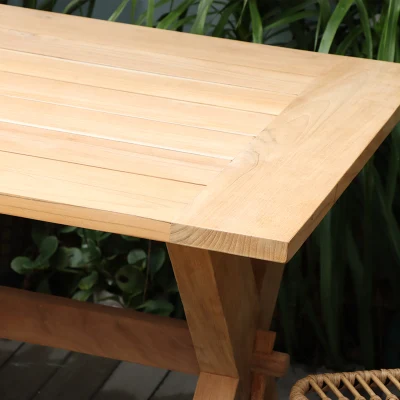 Nuevo Rattan +madera de teca, mesa de jardín OEM bancos juego de comedor