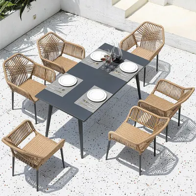 Cuerda resistente resistente al agua jardín Restaurante Villa de mimbre muebles de patio al aire libre juego de mesas y sillas