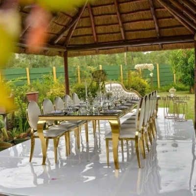  Estilo popular de acero inoxidable Oro + espejo rectángulo superior de cristal Mesa Comedor