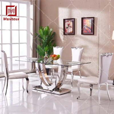 Acero inoxidable mesas y sillas para Muebles de Comedor mesa de comedor 6 sillas de la tapa de cristal