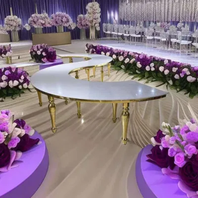 Hotel Boda evento Mobiliario de banquete Boda forma S MDF Madera Arriba Conjuntos de Mesa comedor silla de Mesa