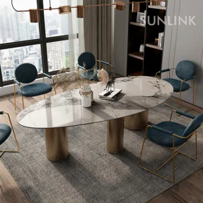  Lujoso italiano 8 seaters Casa moderna Golden Dining conjunto de mesa Con sillas