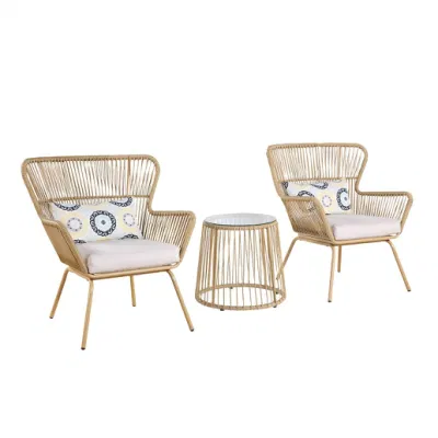 3 Piezas All Weather P. E Patio Cojín de mimbre mimbre muebles de exterior de cristal templado final Mesita sillas conjunto bistró