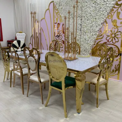 Estilo popular de acero inoxidable Oro + espejo rectángulo superior de cristal Mesa Comedor
