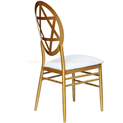 Usa British Flower Back Wedding Gold Round Legs silla de comedor Jardín al aire libre barato aluminio Hierro Metal Bambú Francés Bistro Patio Restaurante silla pila