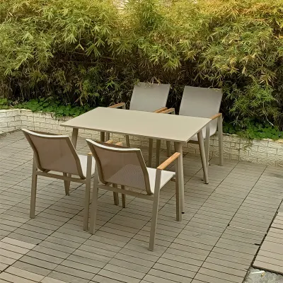  Muebles de exterior de alta calidad Morden Hotel Restaurante Patio Jardín Sets Mesa de comedor Mesa de aluminio Ratán plástico de madera silla al aire libre