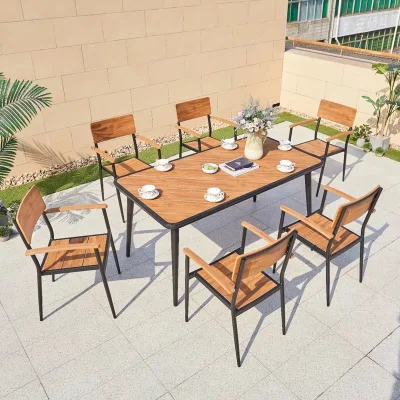 Sillas de mesa al aire libre Patio Villa Jardín Patio Madera de plástico largo Mesa de comedor exterior poner Balcón Ocio combinación