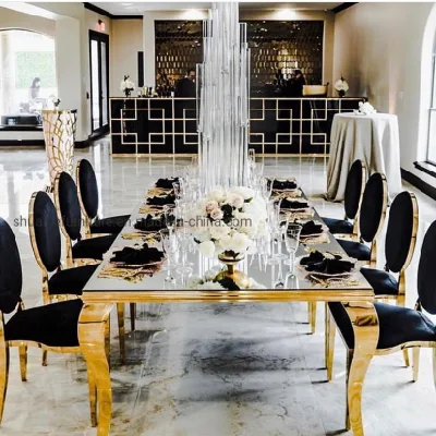 Estilo popular de acero inoxidable Oro + espejo rectángulo superior de cristal Mesa Comedor