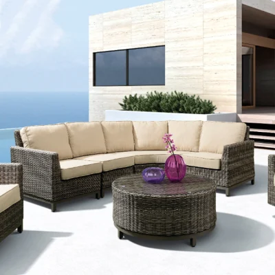  30 años Fabricante OEM/ODM moderno al aire libre/moderno/Patio/Sofá de ratán Muebles de Jardín de lujo Juego de sofás de mimbre de 6 asientos con silla de mesa