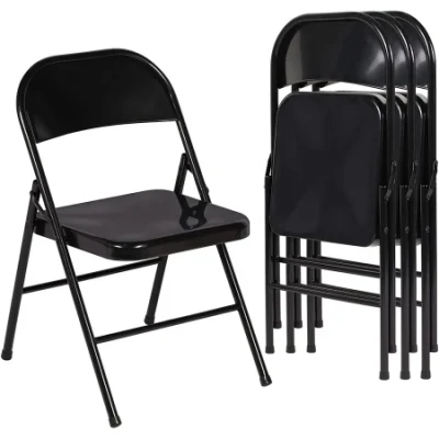 Silla plegable de acero metálico para exteriores con asiento tapizado de poliuretano negro