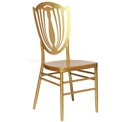 Usa British Flower Back Wedding Gold Round Legs silla de comedor Jardín al aire libre barato aluminio Hierro Metal Bambú Francés Bistro Patio Restaurante silla pila