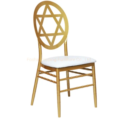 Usa British Flower Back Wedding Gold Round Legs silla de comedor Jardín al aire libre barato aluminio Hierro Metal Bambú Francés Bistro Patio Restaurante silla pila
