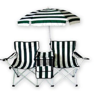  Silla de playa plegable portátil doble con sombrilla y mesa Bolsa de refrigerador