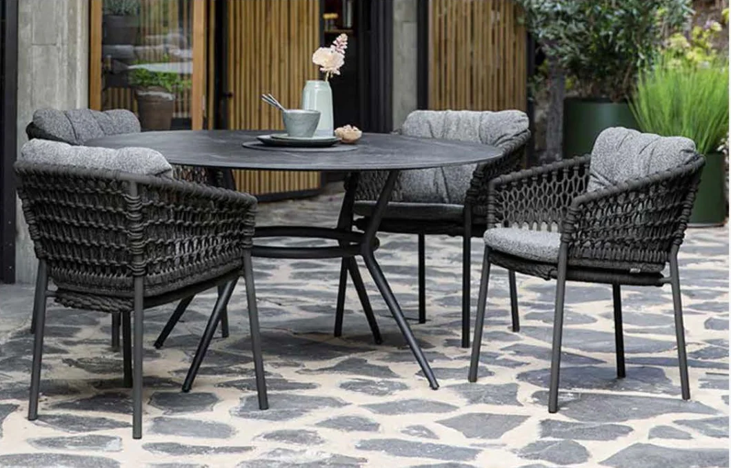 Hotel Cafe Shop Outdoor Furniture Dining Table Armrest Rattan Rope Chair Set Aluminum Leg Villa Garden Patio Dining Set