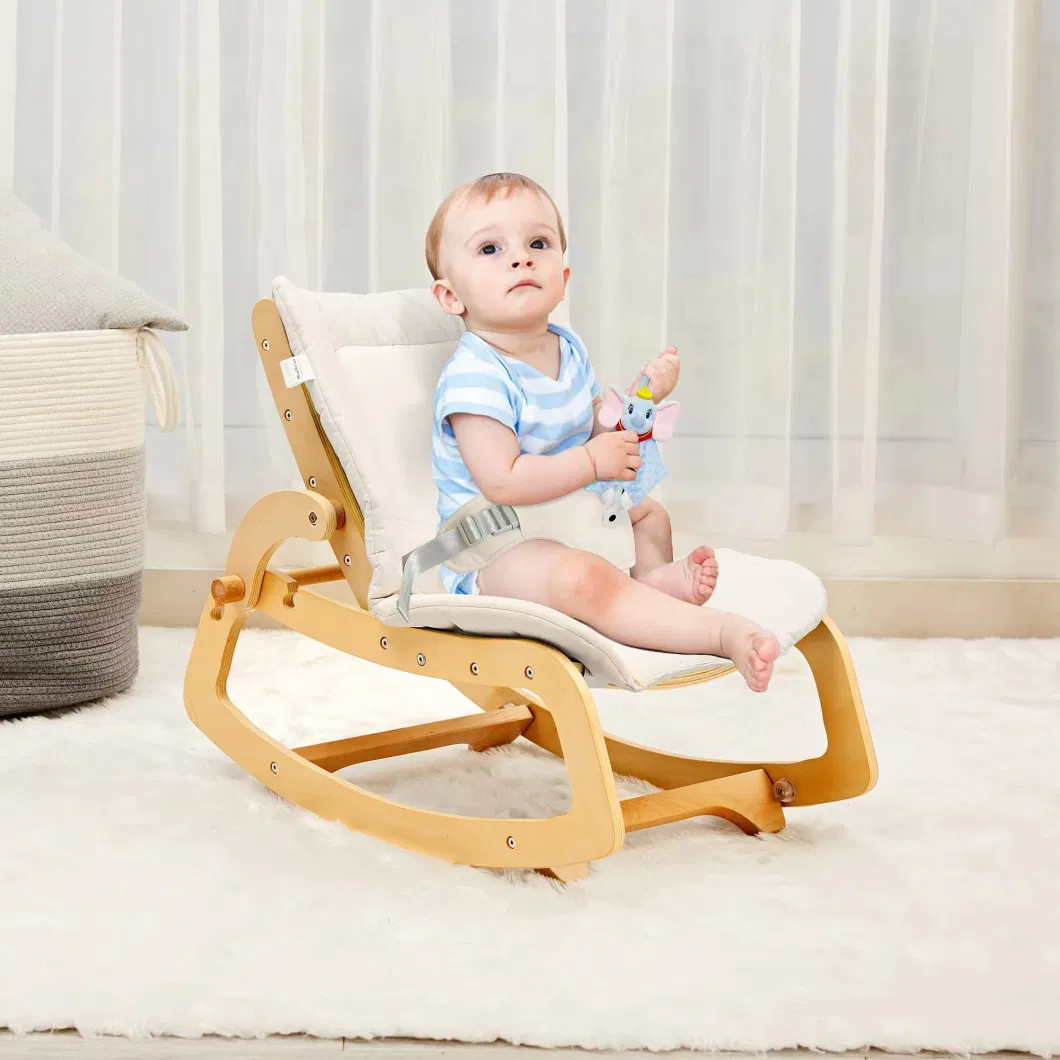 New Arrival Multi-Function 3-in-1 Baby Bouncer Furniture Adjustable Baby Rocker Wooden Baby Ergonomic Rocking Chair with Remaovable Mat and Safety Belt