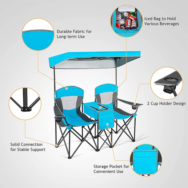 Double Camping Chair W/Shade Canopy 2-Person Folding Camp and Beach Chair with Mini Table Beverage Cup Holder Carrying Bag