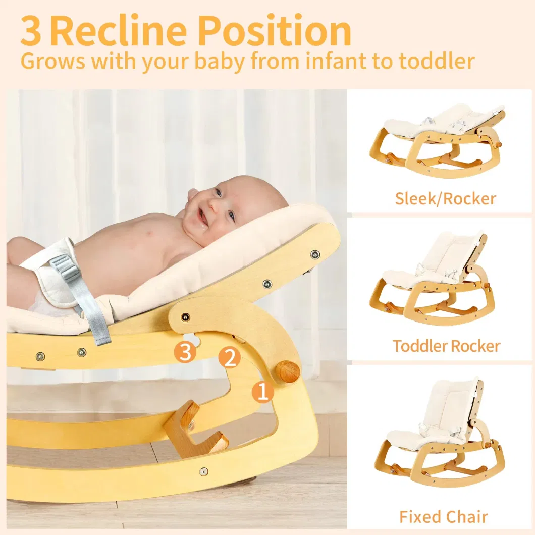 New Arrival Multi-Function 3-in-1 Baby Bouncer Furniture Adjustable Baby Rocker Wooden Baby Ergonomic Rocking Chair with Remaovable Mat and Safety Belt