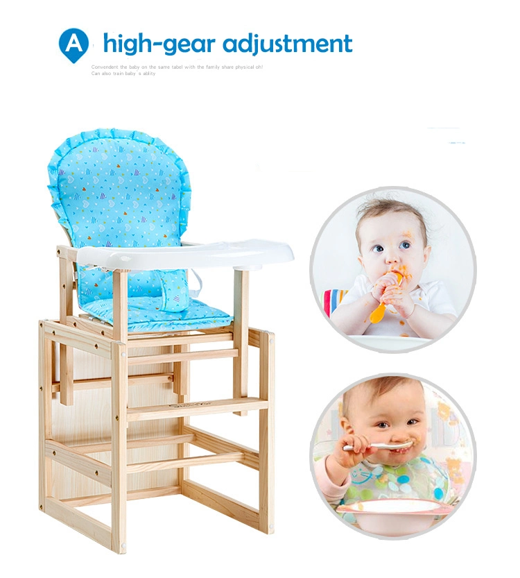 Food-Grade Kids Feeding Wooden Foldable Baby Chair with Sturdy Wheels and Plastic Plate