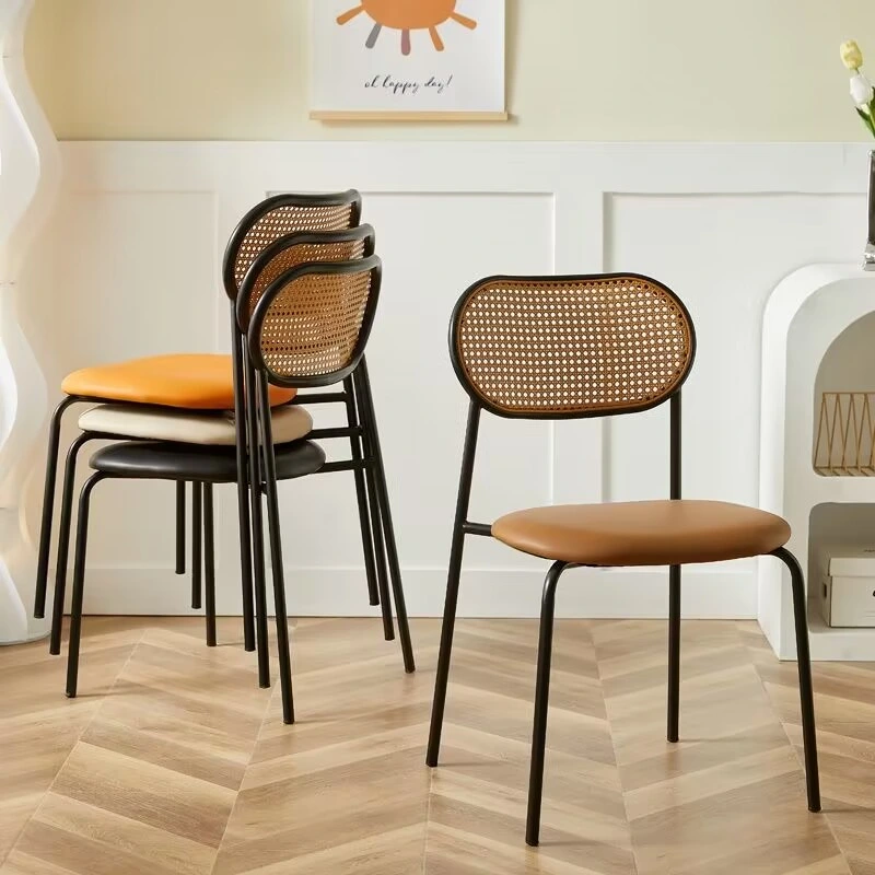 Home Furniture Fancy Design Stackable Home Chairs PU Leather Dining Chairs with Cane Rattan Back