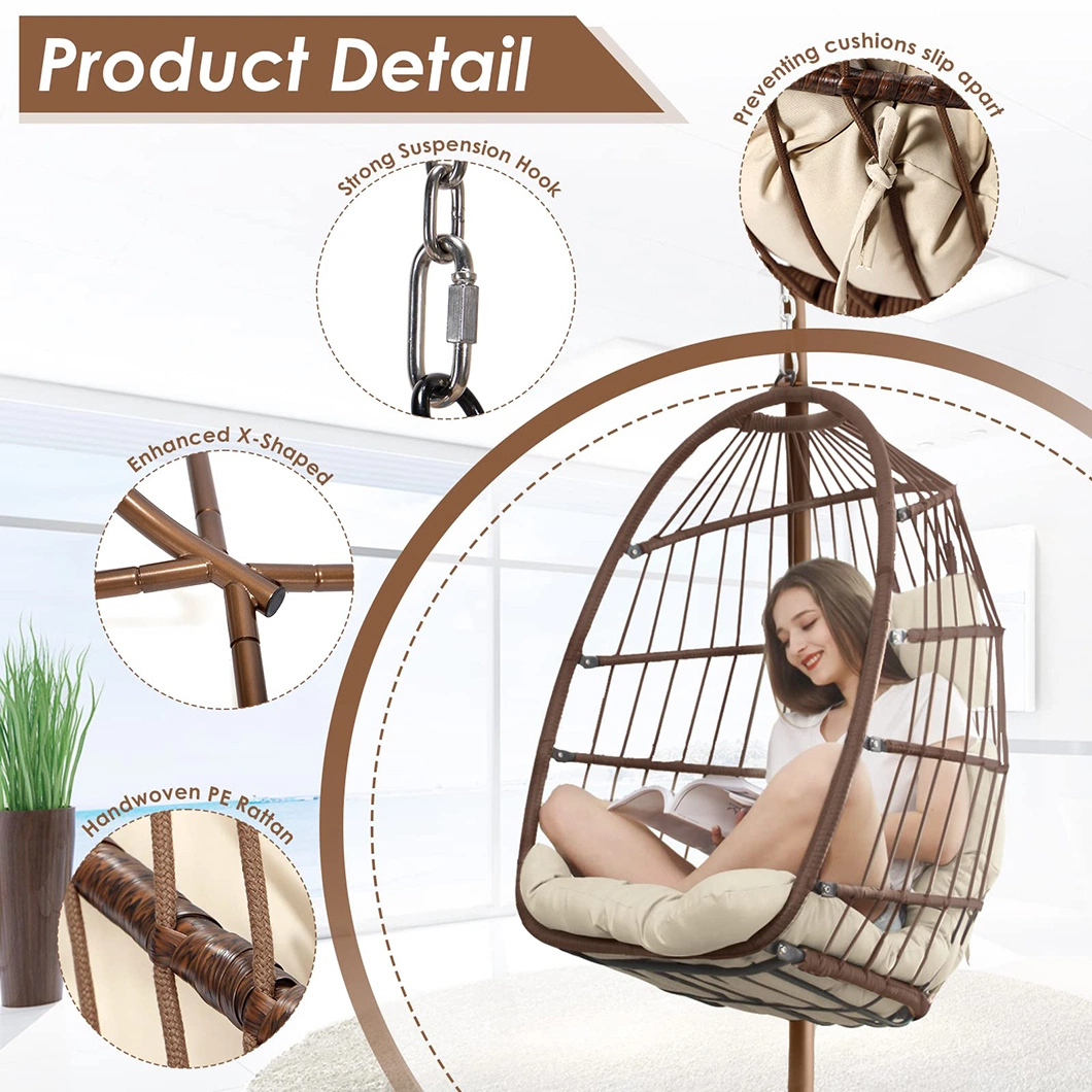 Furniture Metal Rattan Outdoor Patio Balcony Fold Wicker Hanging Swing Chair with Stand