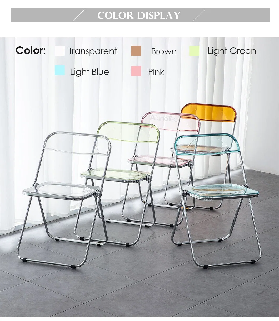 Modern Design Transparent Plastic Acrylic Folding Office Dining Home Hotel Restaurant Metal Chair in Many Color Options