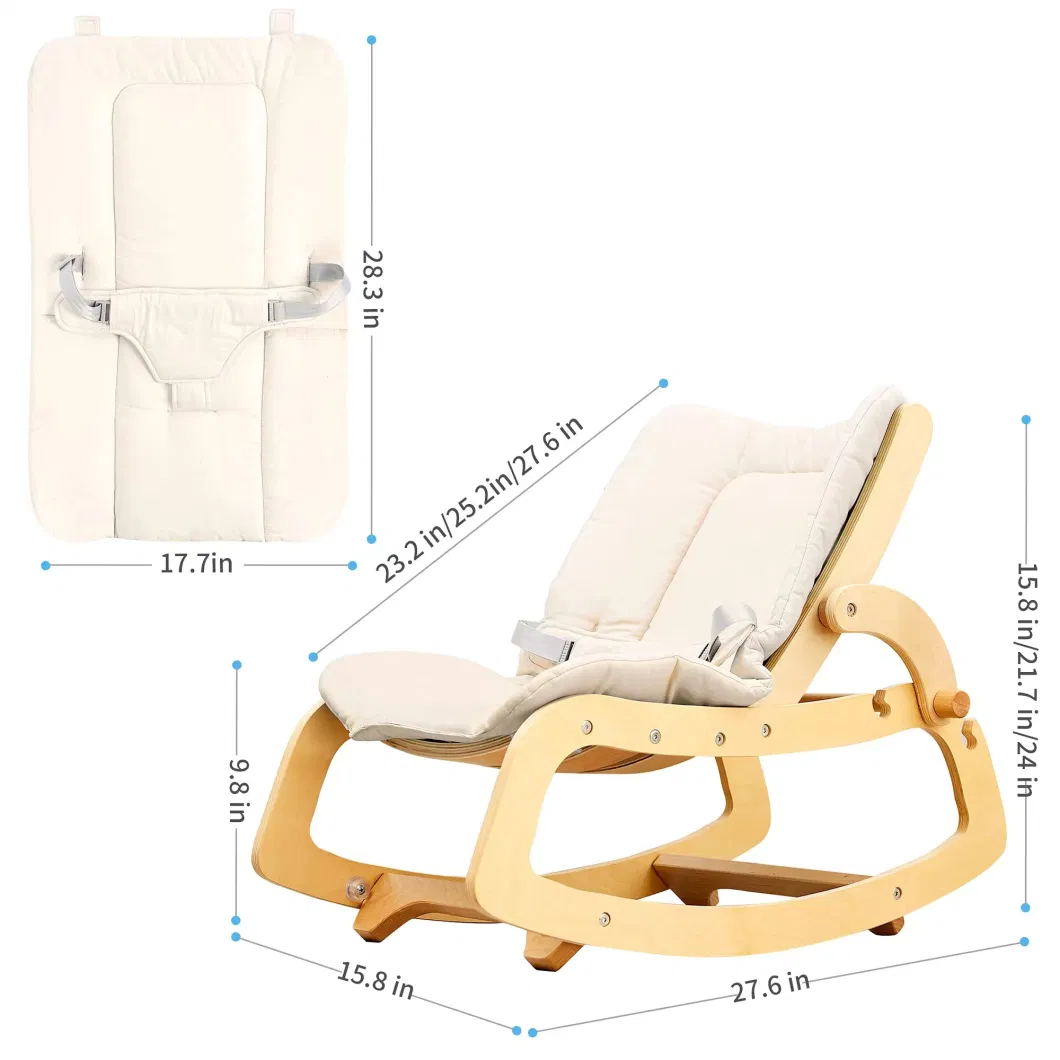 New Arrival Multi-Function 3-in-1 Baby Bouncer Furniture Adjustable Baby Rocker Wooden Baby Ergonomic Rocking Chair with Remaovable Mat and Safety Belt