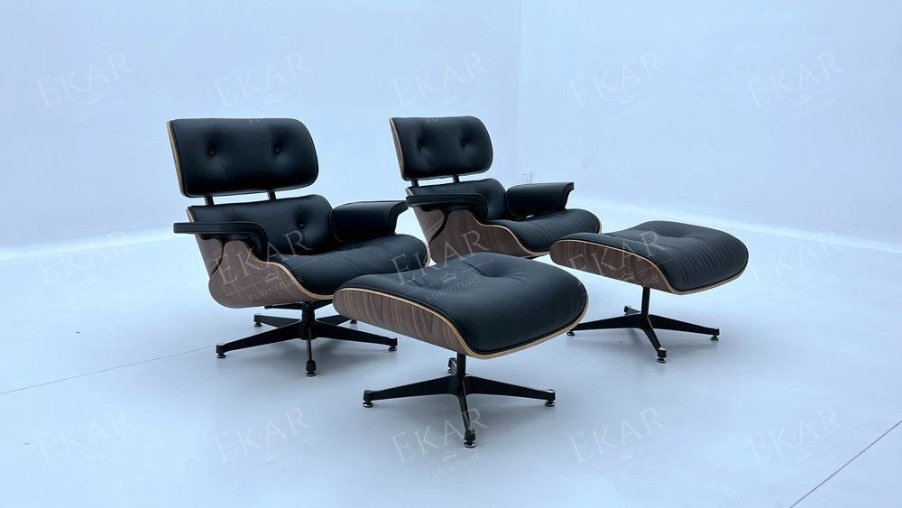 Premium Walnut Wood Veneer Shell Aluminum Alloy Black Sand Swivel Base Lounge Chair with Ottoman Set