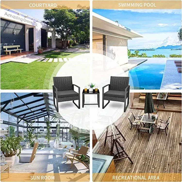 Outdoor Table 3 Piece Furniture Patio Waterproof Cushioned Plastic Rattan Wicker Set