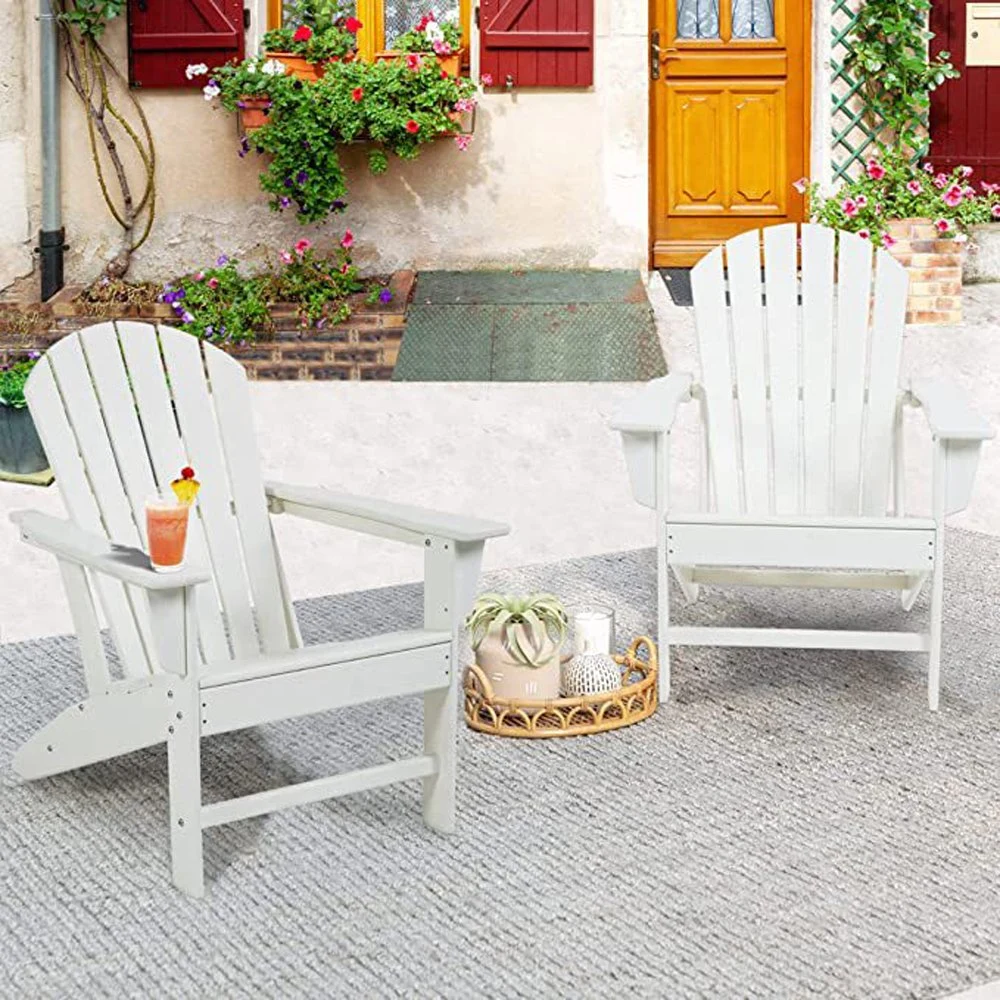 Folding Adirondack Chair Wooden Textured with Cup Holder All-Weather HDPE Comfortable Set