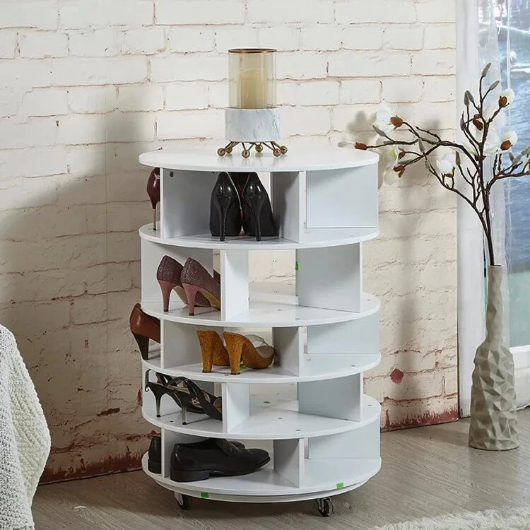 Home Hall Furniture White Wood Color MDF Wooden 360 Degrees Rotating Round Shoe Organizer Display Shoe Cabinet Rack with Wheels