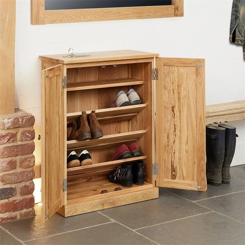 Classic Modern Design Solid Oak Hallway Shoe Storage Unit Multiple Function 4 Tiers Wooden Door Storage Shoes Rack Cabinet