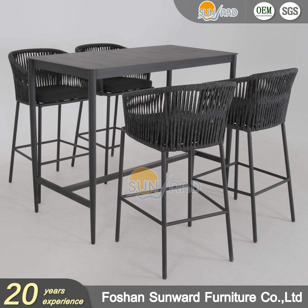 Hot Sale Villa Project Patio Chinese Aluminum Weaving PE Rattan Wicker Rope Bistro Pub Bar Table and Chairs