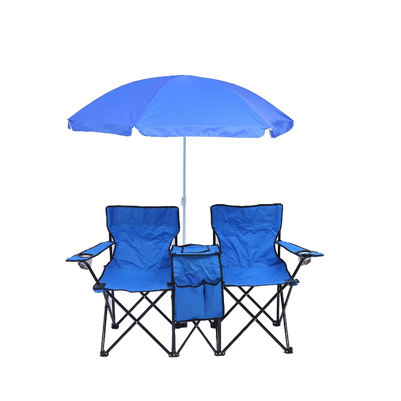 Portable Foldable Double Camping Beach Chair with Umbrella and Table Cooler Bag