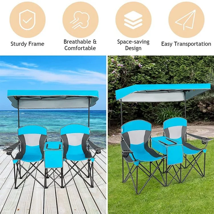 Double Camping Chair W/Shade Canopy 2-Person Folding Camp and Beach Chair with Mini Table Beverage Cup Holder Carrying Bag