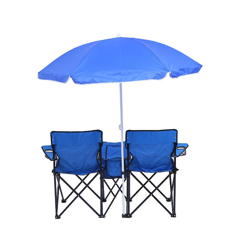 Portable Foldable Double Camping Beach Chair with Umbrella and Table Cooler Bag