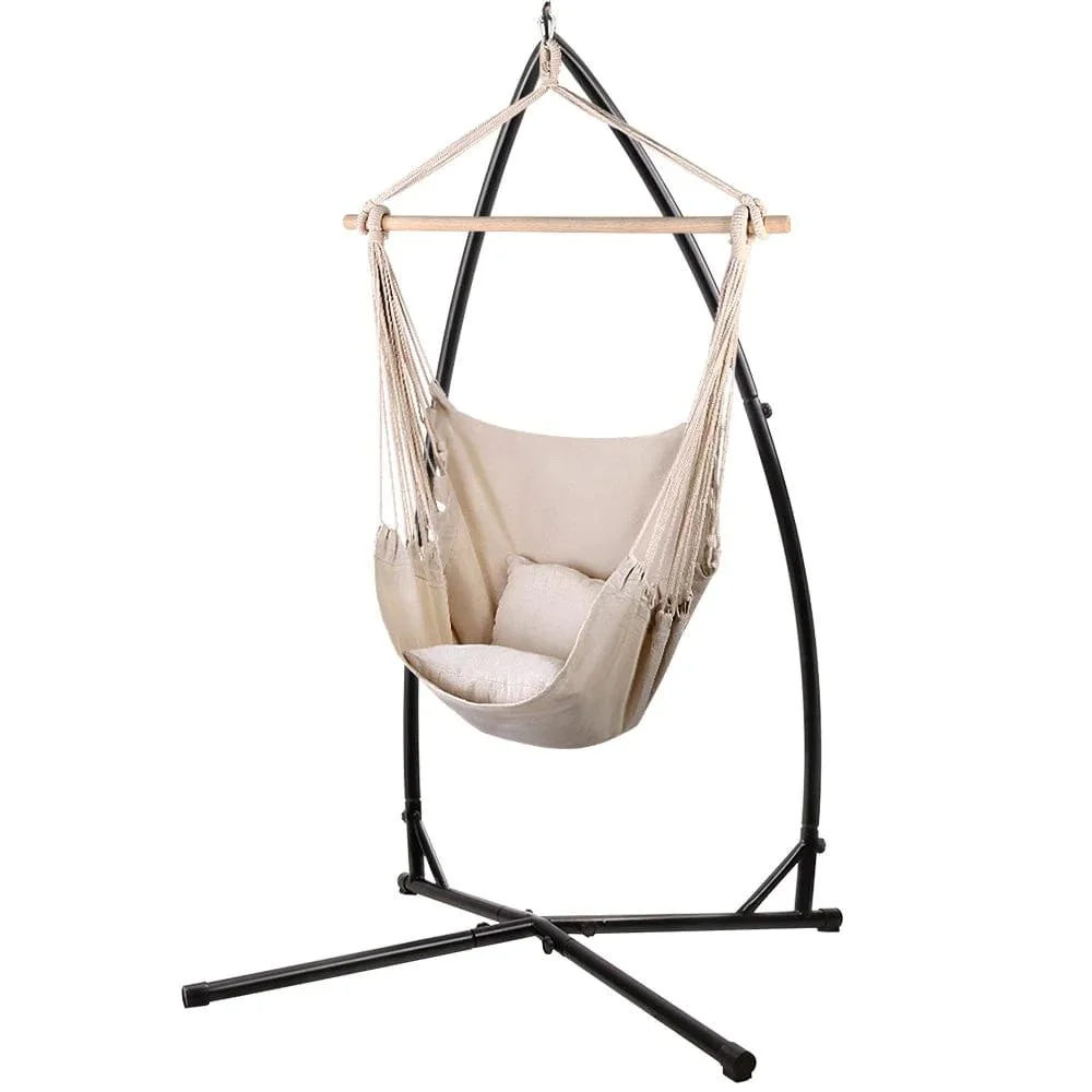 Garden Outdoor Hammock Chair Cotton Rope Swing Tassel Hanging Chair with Steel Stand