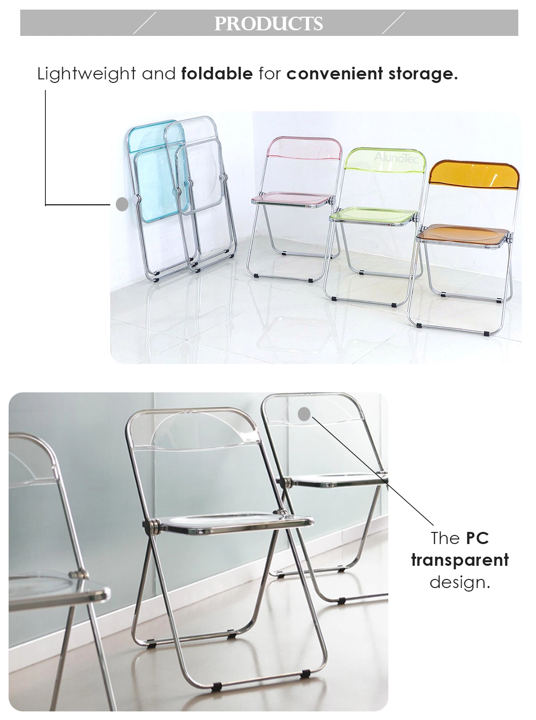 Modern Design Transparent Plastic Acrylic Folding Office Dining Home Hotel Restaurant Metal Chair in Many Color Options