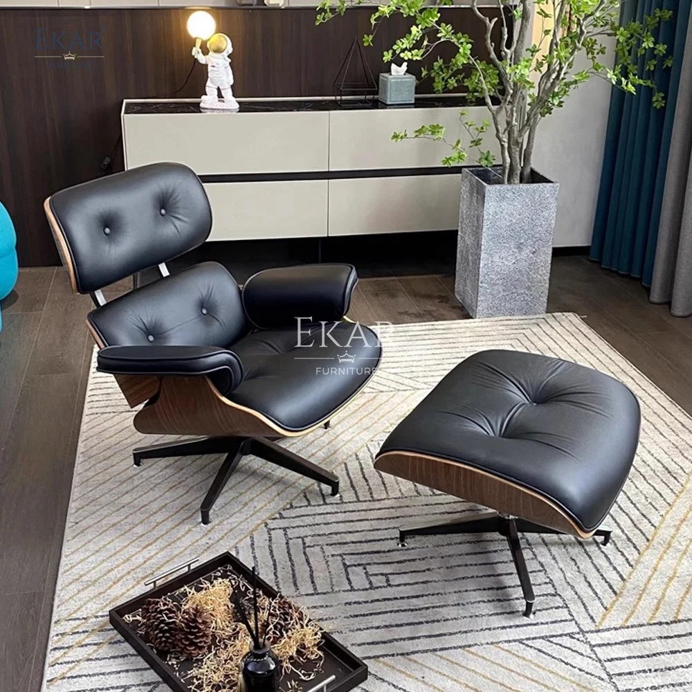 Premium Walnut Wood Veneer Shell Aluminum Alloy Black Sand Swivel Base Lounge Chair with Ottoman Set