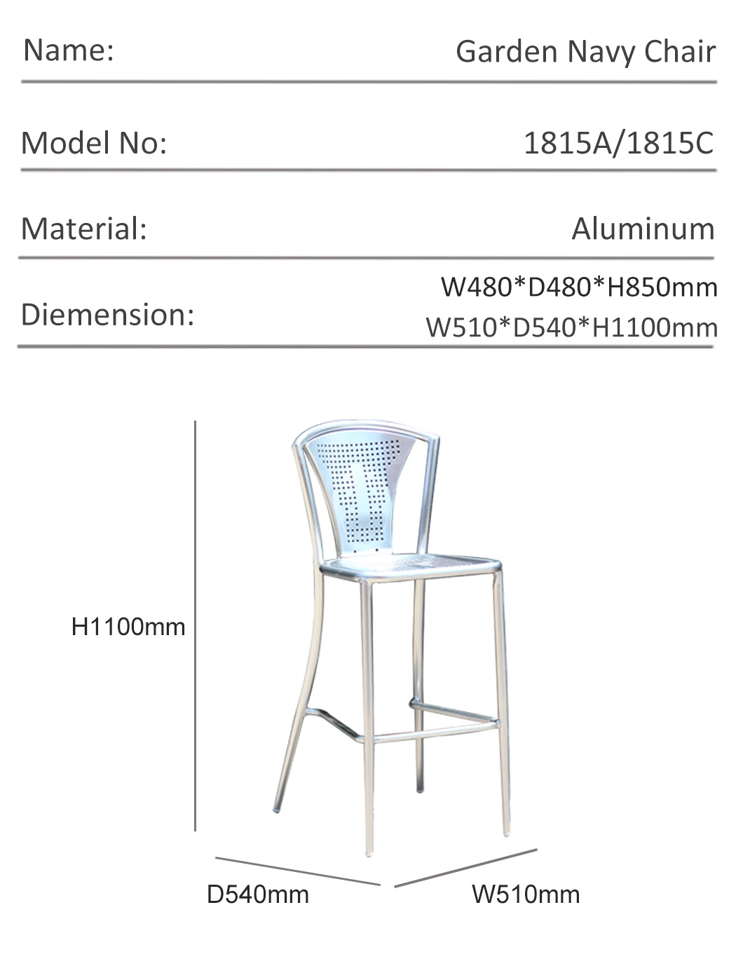 Hot Sale Dining Set Metal Aluminum Industrial Home Garden Restaurant Outdoor Chair