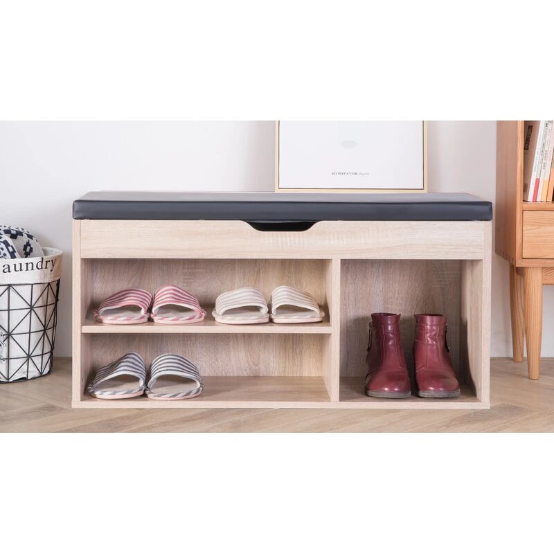 Home Furniture Oak Entryway Shoe Rack Storage Bench with Cushion for Living Room